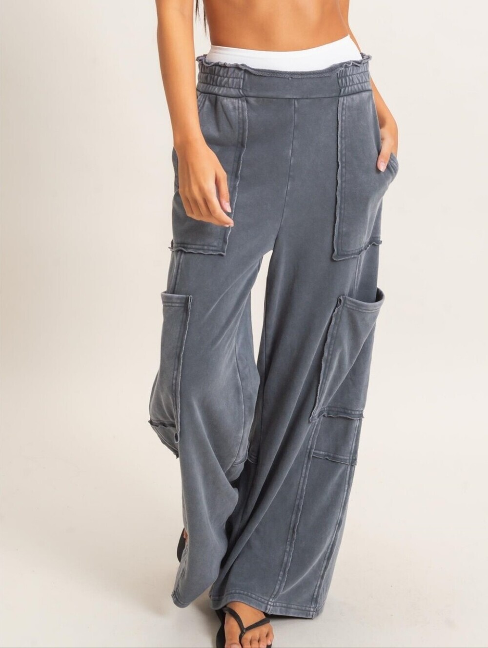 CloudDwellers Mineral Washed  Cotton Blend Wide Leg Cargo Sweatpants Dark Grey